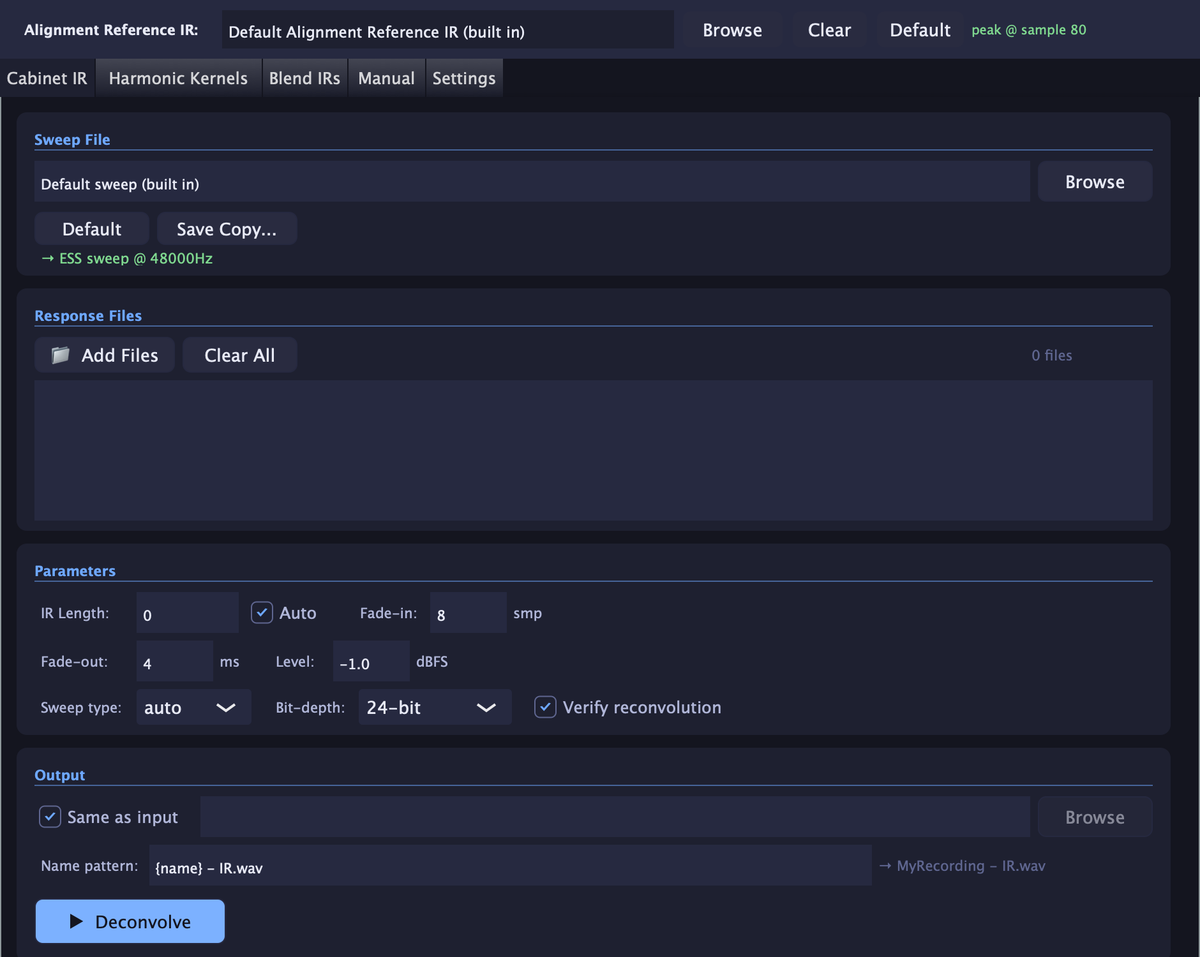 IR Deconvolver Cabinet IR tool: sweep file, response files, parameters and a Deconvolve button