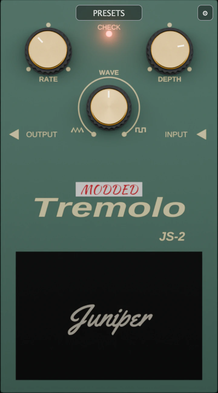 JS-2 tremolo plugin: rate, wave and depth knobs, footswitch and LED
