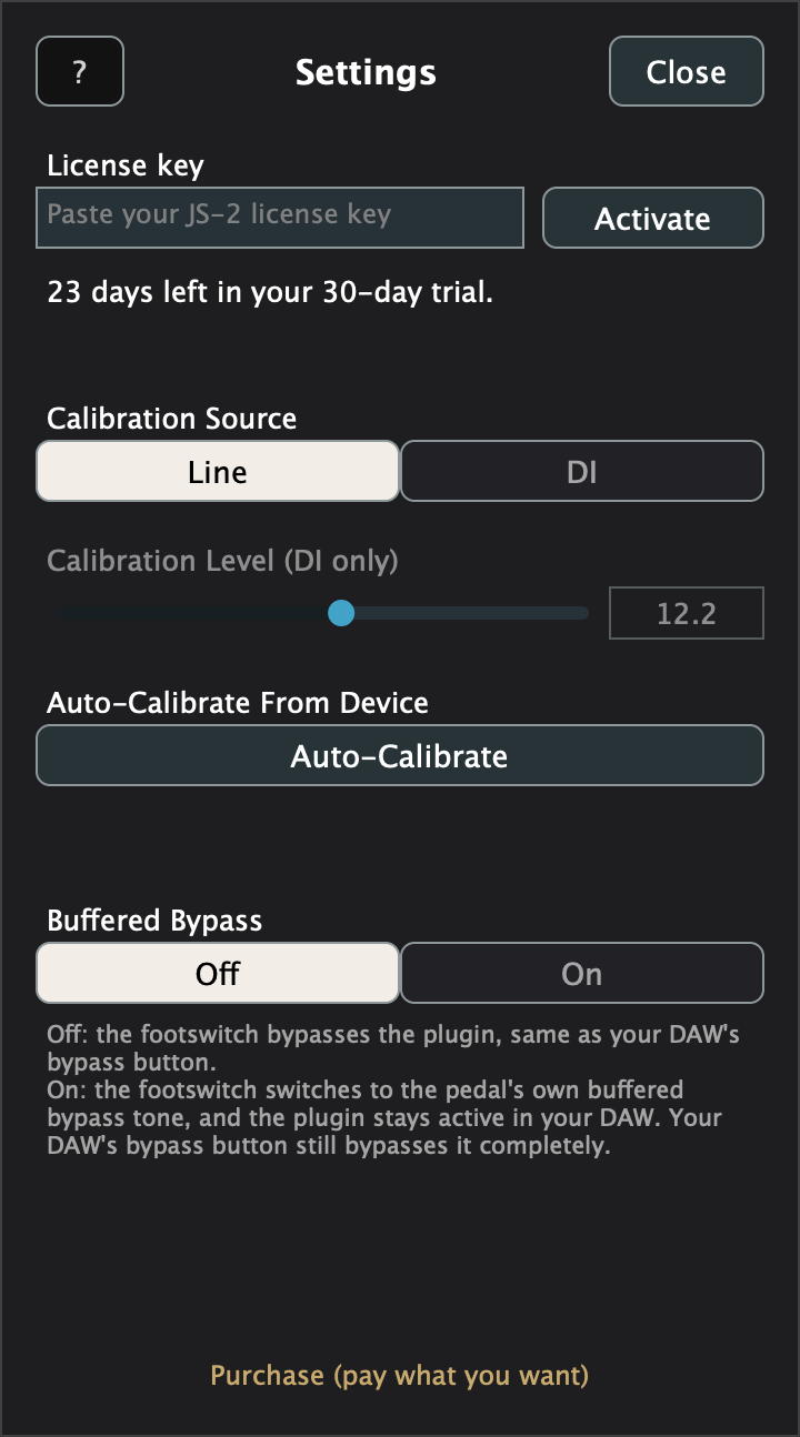 JS-2 settings: license, calibration and Buffered Bypass